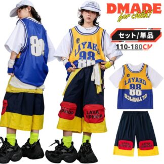ナンバー98 レイヤード風Tシャツ 配色ハーフパンツ キッズ ダンス衣装 セットアップ 半袖 上下セット 2点セット バスケシャツ風 ユニフォーム風 ヒップホップ チーム衣装 団体服 男女