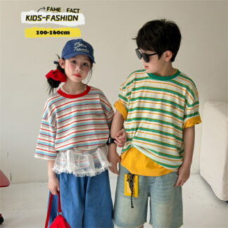 子供服リンクコーデ兄妹お揃い男の子女の子イエローボーダー柄半袖Tシャツカットソートップスキッズジュニア夏凉しい通園通学100~160cm