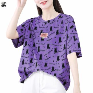 Ｔシャツ レディース 半袖 猫柄 トップス ティーシャツ カットソー クルーネック ゆるＴ オーバーサイズ 夏 カジュアル 総柄 かわいい チュニック丈 ドロップショルダー 通気性 普段着 通学