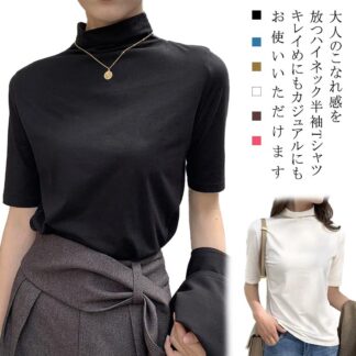 ハイネック レディース Tシャツ 半袖 薄手 tシャツ 無地 ストレッチ 伸縮性 ハイネックtシャツ カットソー 半袖tシャツ 五分袖カットソー トップス プルオーバー 春夏 秋服 おしゃれ