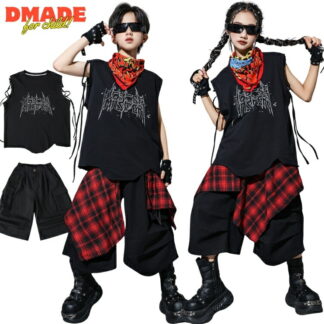 キッズダンス衣装 セットアップ ヒップホップ 黒 赤 キッズファッション ステージ衣装 韓国 チェック 腰巻風 Ｔシャツ ショートパンツ プリント ストリート 派手 個性 個性派 団体服 子
