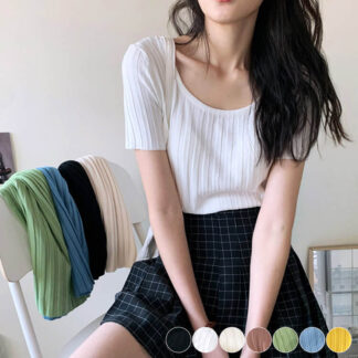 Tシャツ レディース 半袖 半袖Tシャツ リブ 夏 かわいい Uネック 黒 グリーン 白 イエロー ピンク ベージュ 韓国 ブルー