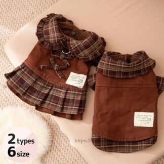 猫服 いぬ服 ねこ服 ペット服 秋冬 チェック柄 フリル襟 スカート ワンピース シャツ 5サイズ 小型犬 中型犬 2タイプ