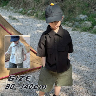 男の子 半袖 シャツ 子供服 韓国風 コットン 綿100％ カジュアル トップス 春 夏 薄手 涼しい おしゃれ シンプル 無地 黒 カーキ フラップポケット アウトドア 通学 キャンプ ウェア