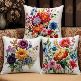 クッションカバー 45×45cm 花柄 刺繍風 華やか ボタニカル フラワー 3点SET ピーチスキン 起毛 柔らか 滑らか 北欧 おしゃれ 背当てカバー 新生活 引越し祝 インテリア