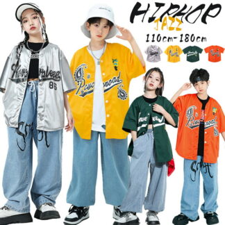 4色 ベースボールシャツ キッズ ダンス衣装 セットアップ 男の子 女の子 半袖 シャツ カジュアルシャツ 黄色 シルバー おしゃれ トップス デニムパンツ チア 韓国 k-pop ジャズ