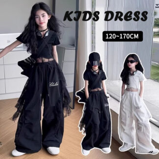 レース ヒップホップ キッズ ダンス衣装 へそ出し セットアップ 韓国 jazz 子供ダンス 女の子 黒 白 ワイドパンツ ジャズ カーゴパン tシャツ