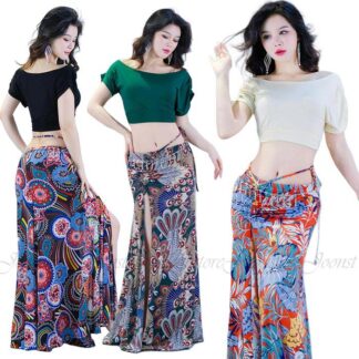 ベリーダンス 衣装 セット レッスン着 練習着 セットアップ 半袖 肩出し トップス ロング丈 花柄 ヒップスカーフ スカート おしゃれ ダンス レッスン 上下セット
