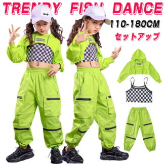 グリーン 緑 ダンス衣装 セットアップ 3点セット 女の子 へそ出し 長袖 パーカー チェック柄 タンクトップ カーゴパンツ ロング丈パンツ ウエストゴム ストレート ジャズダンス ヒップホッ