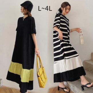 夏 楽ちん 低身長 Aライン 大きいサイズ 切替 L 高身長 2L 体型カバー マキシ ロング 3L ボーダー 4L 半袖