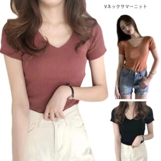 サマーニット Vネック レディース プルオーバー 半袖Tシャツ Tシャツ ニット トップス 半袖 無地 ストレッチ シルエット 春夏 シンプル