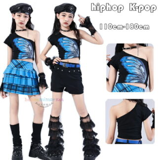 キッズダンス衣装 女の子 ベスト ダンス新品 ダンスウェア hiphop 蝶柄 肩を出す トップス ボトムス チェック柄スカート 黒ショートパンツ 舞台 演出服 子供応援団 チアガール 団体服