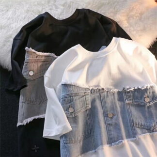 半袖tシャツ レディース トップス 大きいサイズ 半袖 tシャツ カットソー 夏服 薄手 切り替え デニム 丸首 カジュアル ビッグシルエット ゆるカットソー 大きめ 体型カバー 可愛い か