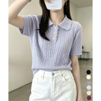 襟付き ポロニット ケーブル半袖トップス夏 旅行 通勤 海辺 優雅 おしゃれ 可愛い かわいい レディファッション