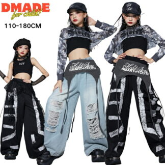 キッズ ダンス 衣装 デニム ズボン ダメージデザイン k-pop ガールズ ダンス衣装 舞台服 子供服 へそ出し キッズダンス 練習着 青 ジーンズ おしゃれ 女の子 ダン かっこいい