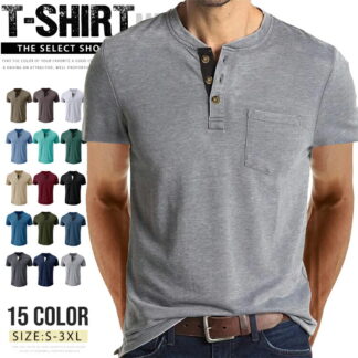 Tシャツ メンズ ヘンリーネック 半袖 tシャツ 無地 ティーシャツ ヘンリーネックtシャツ ボタン カットソー インナーtシャツ 前ボタン 胸ポケット付き トップス アメカジ ジ Vネック