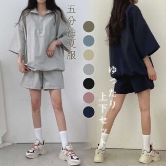 セットアップ レディース 2点セット 五分袖 夏服 かわいい ゆったり 半袖Ｔシャツ+ショートパンツ トップス パンツ 薄手 シャツ 春夏 無地 可愛い 通学 通勤 おしゃれ 女装 カジ 衣装