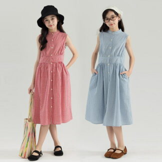 女の子 ワンピース 夏 綿100 チェック柄 ロング丈 ノースリーブ キッズ 160 コットン 膝下 ゆったり 親子 子供 夏用 可愛い おしゃれ 小学生 中学生 大きいサイズ