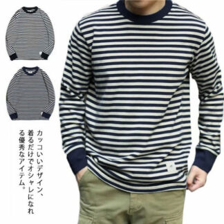 カットソー Tシャツ メンズ 長袖 おしゃれ ボーダー クルーネック ゆったり ストラップ柄 メンズファッション 秋服 春服 大きいサイズ トップス ラウンドネック 綿