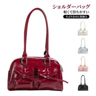 肩掛け 可愛い ショルダーバッグ リボン 横長 小さめ PUレザー バレエコア レディース おしゃれ 軽量 ミニボストン トートバッグ バッグ シルバー レッド 通勤 ブラック