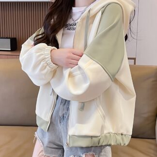 パーカー レディース ジップアップ フーディー バイカラー 羽織り ジャケット トップス ゆったり 韓国風 秋 冬 春 カジュアル
