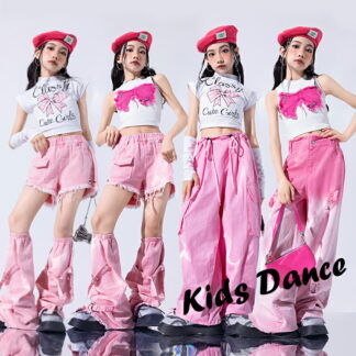 キッズ ダンス衣装 ヒップホップ セットアップ へそ出し 韓国 jazz 子供ダンス 女の子 ピンク ダンスデニム パンツ トップス ジャズ ステージ衣装 ホワイト