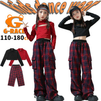 タータンチェック カーゴパンツ ギンガムチェック レッド ブラック ガールズ HIPHOP衣装 キッズ衣装 長袖 ジュニア 女の子 ショートトップス ロングパンツ 110～180 団体服 原宿