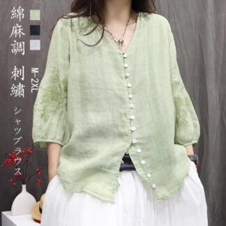 Vネックシャツ 7分袖 刺繍 シャツブラウス リネン調 春 夏 涼しい シャツ きれいめ ゆったり 7分袖ブラウス カジュアル 体型カバー トップス 亜麻風 着回し カーディガン 柔らかい 刺