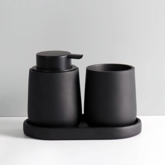 3点セット ソープディスペンサー 陶器 手動ディスペンサー 収納トレイ 歯ブラシホルダー 洗面セット ポンプ式 320ml 詰め替えボトル バスルームアクセサリー 洗面所 トイレ お