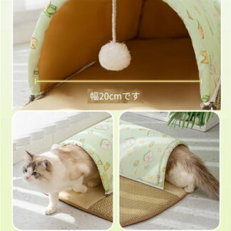 夏の猫 トンネル ベッド 涼しい猫 猫 おもちゃ 隠れ家 ハンギングボール付 うさぎ ペットケイブベッドトンネル 暑い夏に最適 夏用 熱中症対策 籐 遊び道具 猫ベッド 運動 滑り止め底 ス