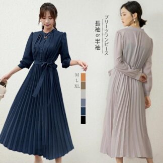 マキシ 半袖 春 ロング 秋 プリーツ 裏地付 マキシワンピース シャーリング レディース ワンピース 長袖 ロングワンピース 冬 春夏 夏