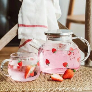 ガラスティーポット 耐熱ガラス 耐熱ガラスポット 冷水筒 冷水ポット イチゴ柄 可愛い 取り外し可能 直火電気ケトル対応 ホウケイ酸ガラス ガラスケトル 花茶＆ルーズリーフティー用