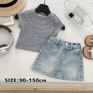 女の子 子供服 夏服 セットアップ 2点セット 上下セット デニムスカート Tシャツ 半袖 キッズ 韓国風 ガールズ かわいい カジュアル 綿素材 通気性良好 涼しい おしゃれ 中小童 90cm
