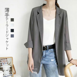 サマージャケット レディース 薄手 ジャケット 夏 カジュアル スーツ 七分袖 テーラードジャケット 洗える シフォン オフィス フォーマル 春夏 グレー 黒 ブラック サマースーツ