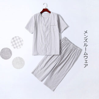 ダブルガーゼ メンズ パジャマ 前開き 綿 100% ルームウェア 上下セット 部屋着 春 夏用 半袖 ７分パンツ 2重ガーゼ コットン１00％ ナイトウェア ストライプ柄 テーラー衿 父