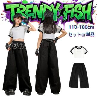 レース へそ出すホワイトブラック キッズ ダンス衣装 セットアップ ヒップホップ ストリート 半袖 トップス 子供服 韓国kpop hiphop 女の子 ダンスウェア 発表会 演出服 練習服 原宿系