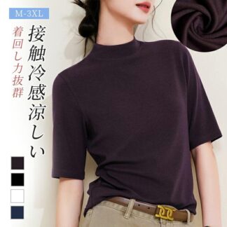 tシャツ レディース トップス スタンドカラー 春 夏 きれいめ 速乾 丸首 五分袖 クルーネック 冷感 涼しい プルオーパー 40代 50代 60代 30代