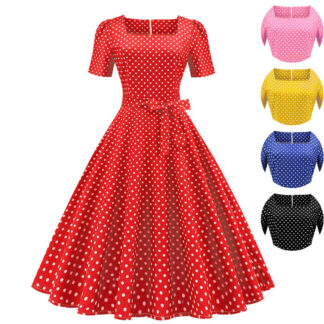 5色 S-2XL レディース レトロワンピース 結婚式 短袖 ロカビリー 着痩せ ハイウエスト 50年代 お呼ばれ スイングワンピ 謝恩会 披露宴 オールシーズン 団服 普段着 ステージお