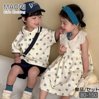新作 かわいい 花柄 t シャツ ノースリーブ レース ワンピース 半袖Tシャツ キッズ セットアップ リンクコーデ 韓国風 上下セット 短パン ベージュ 男の子 女 ショートパンツ