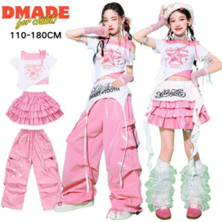 キッズダンス衣装 女の子 セットアップ レザーウェア ワイドパンツ ダボダボ ティアードスカート 肩出しトップス 星柄 ストリート系 派手 発表会 ステージ衣装 K-POP ジャズダンス 韓