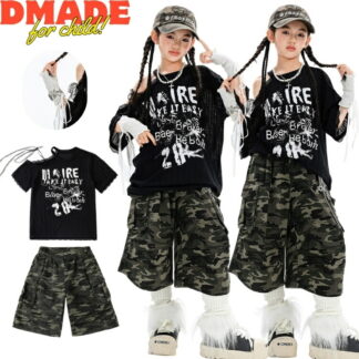 迷彩柄 キッズ ダンス 衣装 セットアップ 女の子 レース おしゃれ 黒 肩出し Tシャツ 迷彩 ハーフパンツ カーキグリーン 上下セット ゆったり k-pop 団体服 ストリート 韓国