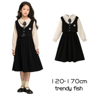 ワンピース 女の子 受験 ワンピース フォーマル 学生服 長袖 子供服 重ね着風 キッズ ジュニア ブラック フェイクレイヤード ミモレ丈 中学受験 学校説明会 発表会 入学式 卒業式 通学 ピアノ
