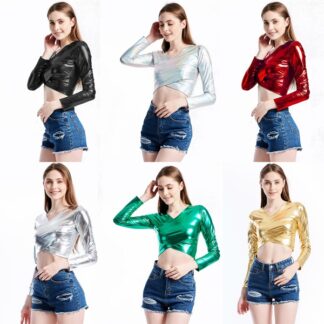 長袖トップスカットソーtシャツ6色 5サイズショート子供大人メタリックエナメルトップスダンス衣装 女性用ヒップホップ 衣装 キッズダンス ジャズダンス ボトムス輝く レッスン着