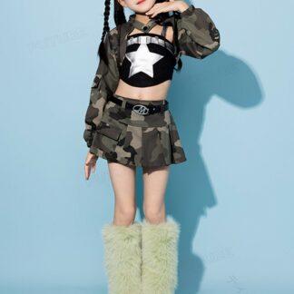 迷彩柄 迷彩スカート 迷彩トップス ダンス 衣装 キッズ へそ出し トップス 女の子 セットアップ タンクトップ ジャズダンス 韓国 k-pop ヒップホップ キッズダンス衣装 長袖 アイドル風