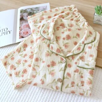 ガーゼ パジャマ 薔薇柄 春夏秋向け 長袖 トップス + ロングパンツ 2点セット コットン 肌優しい 透気性 薄手 部屋着 可愛い 寝巻き 綿パジャマ ルームウェア