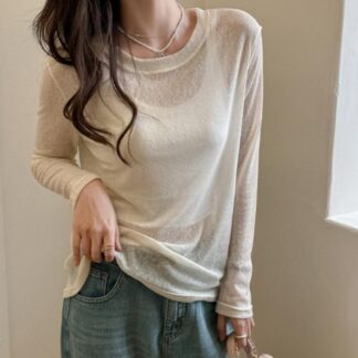 トップ ス レイヤード シアー UVカット長袖 レディース tシャツ 透け感 夏 涼しい カットソー シアートップス ラウンドネック トップス