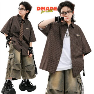 キッズダンス衣装 セットアップ ヒップホップ 柄シャツ 半袖 カーゴパンツ アースカラーハーフパンツ 体型カバー 白Ｔシャツ ブラウンチェック イベント 韓国 男女兼用 ストリート系 目立つ デニム