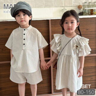子供服 セットアップ キッズ 兄妹 夏服 ストライプ シャツ ハーフパンツ 短パン 男の子 女の子 ワンピース 半袖 上下セット 綿 ゆったり ベビー ジュニア 150 130 120 110