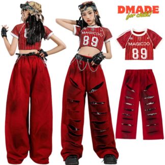 キッズ ダンス 衣装 女の子 セットアップ へそ出し 赤 Tシャツ ダンス衣装 韓国 K-POP ヒップホップ ダメージパンツ 派手 発表会 ガールズ レッド 目立つ キッズダンス衣