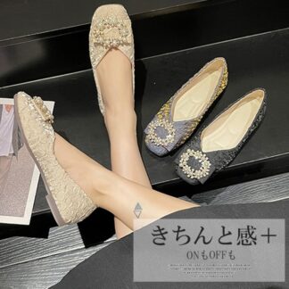 華やかに飾ってくれるお姫様シューズ 3色展開 靴 スリッポン フラットシューズ ぺたんこ靴 楽ちん 軽い パール ビジュー ローヒール バレエシューズ ママ 妊婦 スクエアトゥ 通勤 パー
